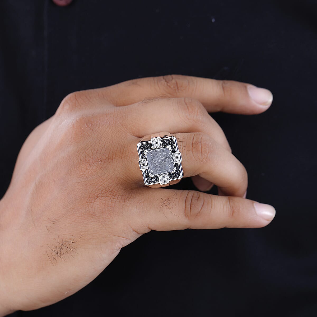 Marvelous Meteorite and Multi Gemstone Men's Ring in Platinum Over Sterling Silver 0.60 ctw (Del. In 5-7 Days) image number 2