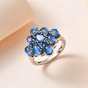 Aurora Moonstone and Malgache Neon Apatite 4.62 ctw Cluster Ring in Platinum Over Sterling Silver (Size 11.5)