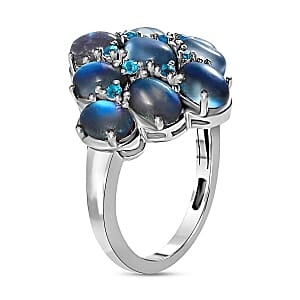 Aurora Moonstone and Malgache Neon Apatite 4.62 ctw Cluster Ring in Platinum Over Sterling Silver (Size 11.5)