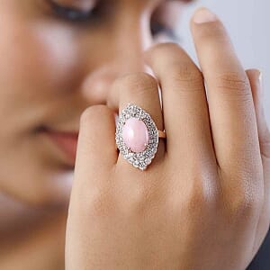 Pink Opal, White Zircon Ring in Vermeil RG Over Sterling Silver (Size 11.5) 7.17 ctw