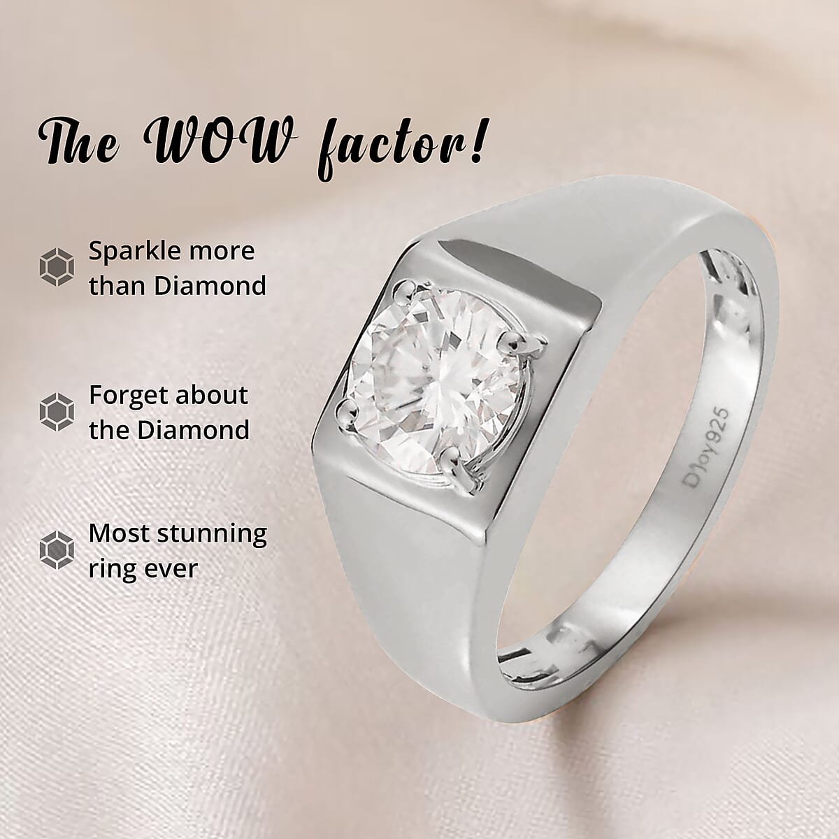 Moissanite 1.50 ctw Solitaire Ring, Solitaire Mens Ring, Moissanite Ring, Deco Ring, Platinum Over Sterling Silver Ring, Deco Mens Ring, Promise Rings (Size 12.0) image number 3