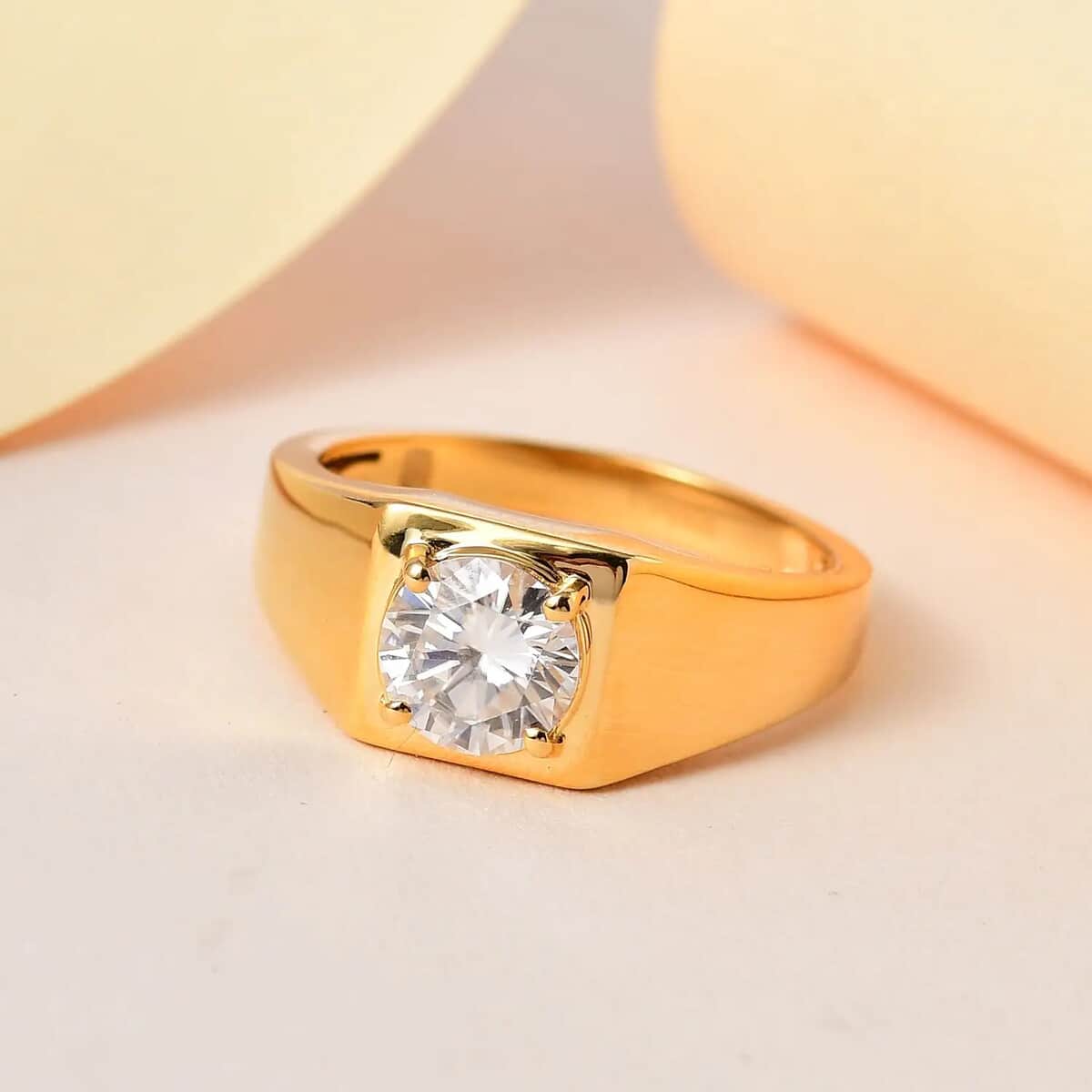 Moissanite Solitaire Ring, Solitaire Mens Ring, Moissanite Ring, Deco Ring, Vermeil Yellow Gold Over Sterling Silver Ring, Deco Mens Ring, Promise Rings (Size 10.0) 1.50 ctw image number 1