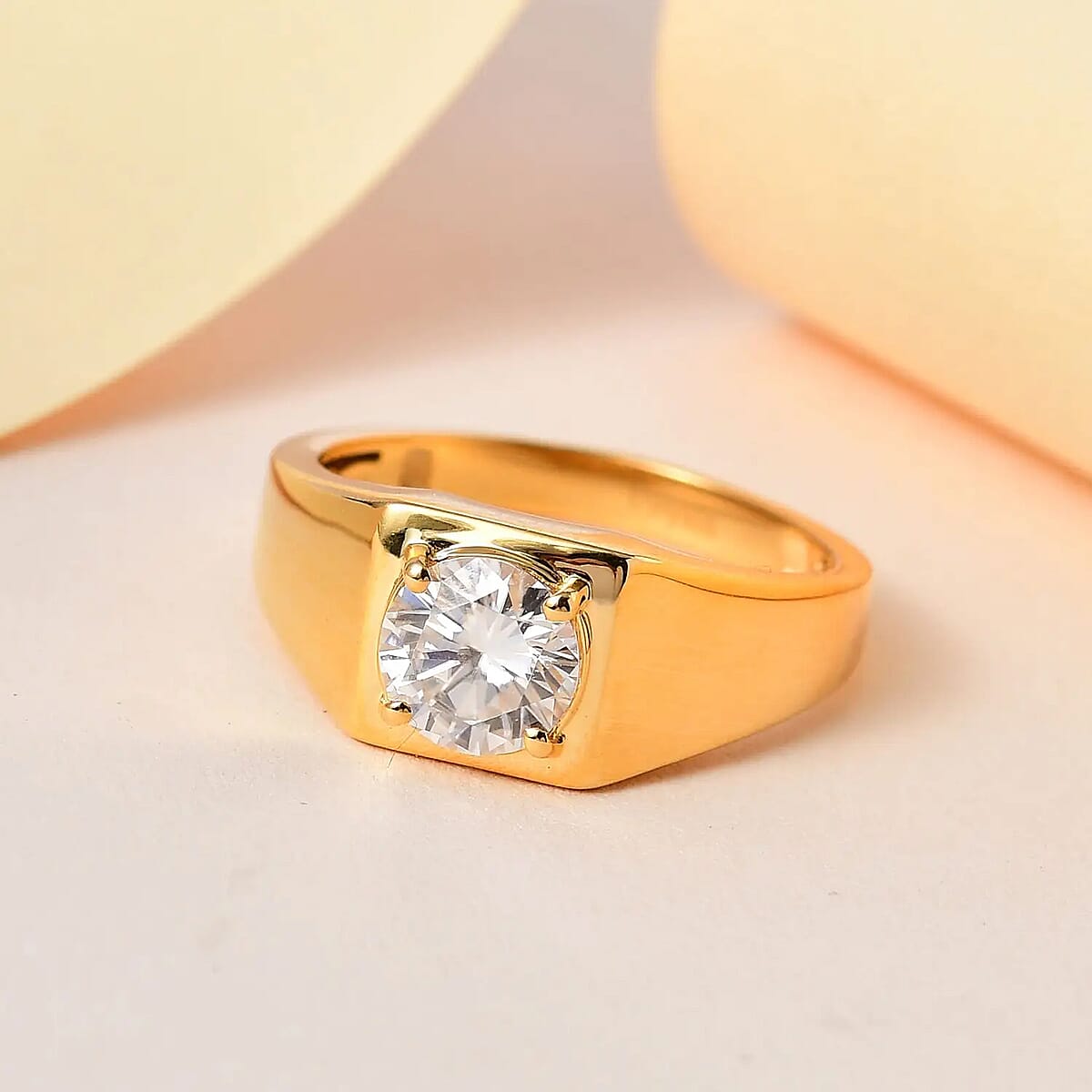 Moissanite Solitaire Ring, Solitaire Mens Ring, Moissanite Ring, Deco Ring, Vermeil Yellow Gold Over Sterling Silver Ring, Deco Mens Ring, Promise Rings (Size 12.0) 1.50 ctw image number 1