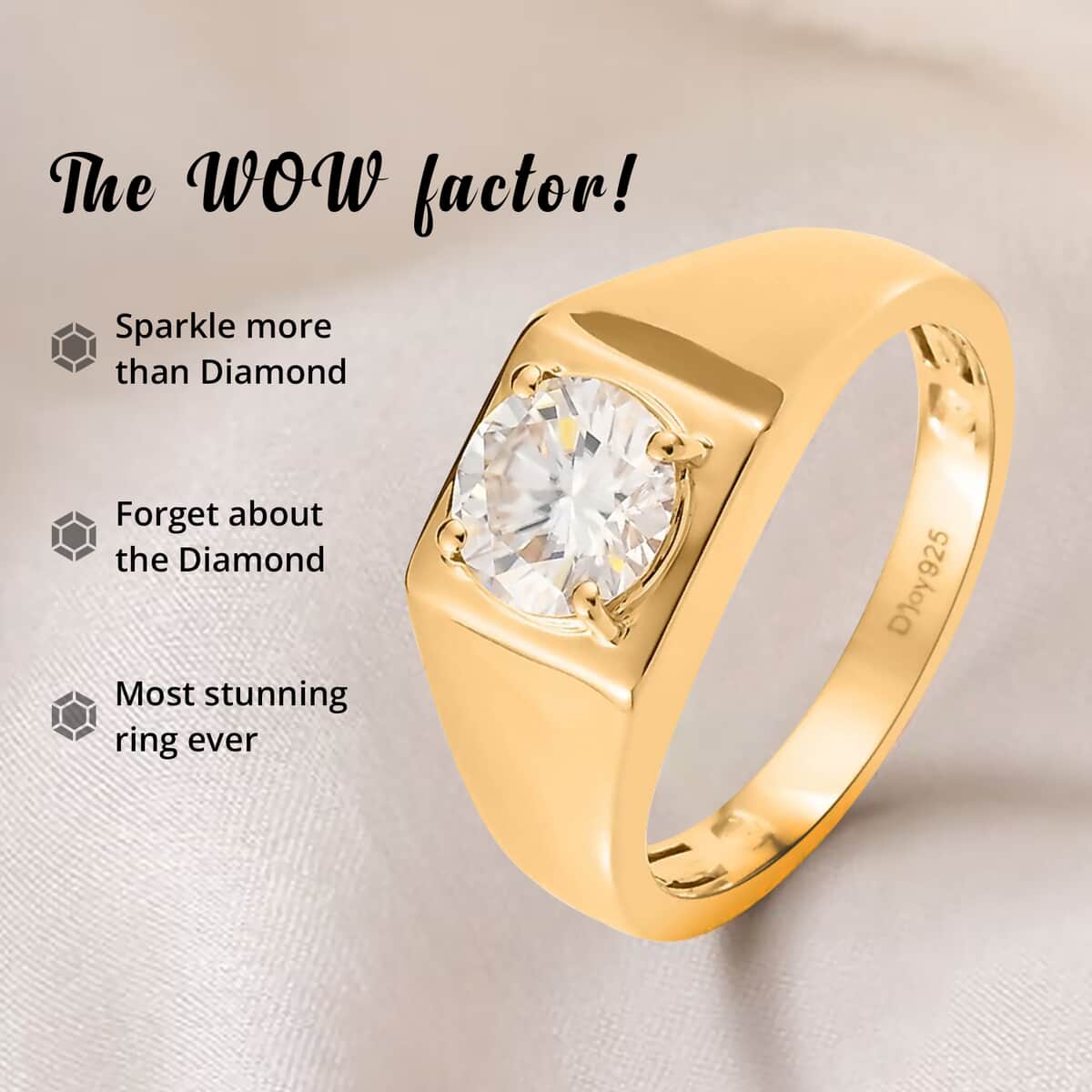 Moissanite Solitaire Ring, Solitaire Mens Ring, Moissanite Ring, Deco Ring, Vermeil Yellow Gold Over Sterling Silver Ring, Deco Mens Ring, Promise Rings (Size 13.0) 1.50 ctw image number 3