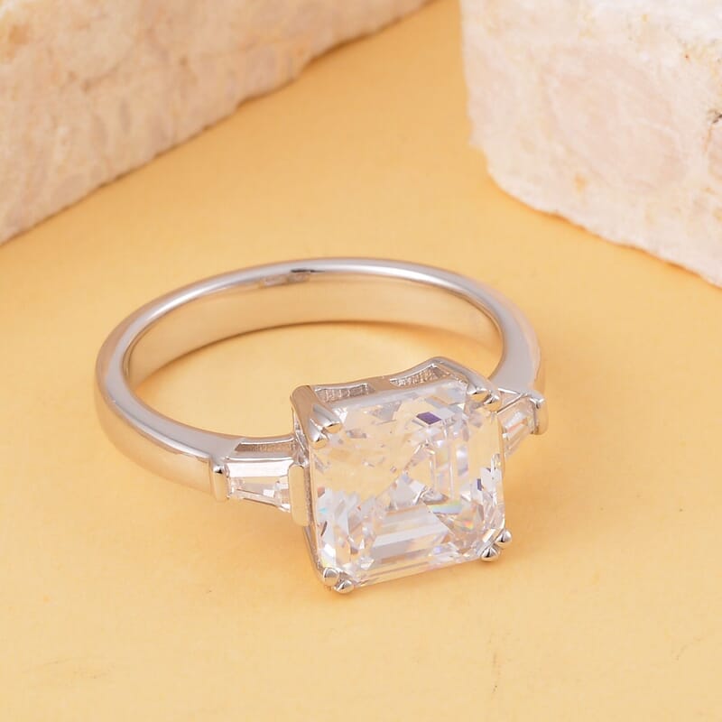 Lustro Stella Asscher Cut Finest CZ Ring in Platinum Over Sterling Silver (Size 10.0) 9.10 ctw