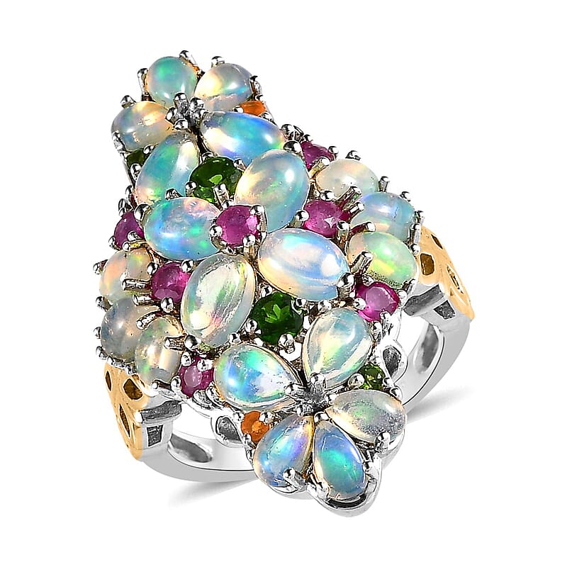 Premium Ethiopian Welo Opal and Multi Gemstone Floral Ring in Vermeil YG and Platinum Over Sterling Silver (Size 10.0) 5.35 ctw