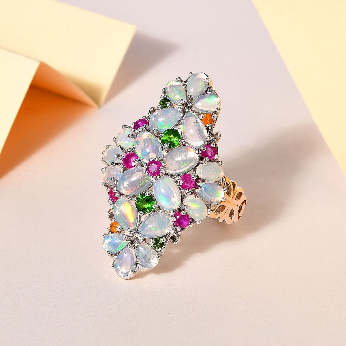 Premium Ethiopian Welo Opal, Multi Gemstone Floral Ring in Vermeil YG and Platinum Over Sterling Silver (Size 10.0) 5.35 ctw image number 1