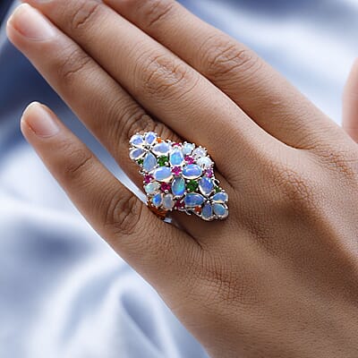 Premium Ethiopian Welo Opal and Multi Gemstone Floral Ring in Vermeil YG and Platinum Over Sterling Silver (Size 10.0) 5.35 ctw