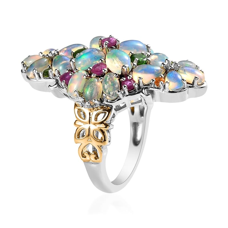 Premium Ethiopian Welo Opal and Multi Gemstone Floral Ring in Vermeil YG and Platinum Over Sterling Silver (Size 10.0) 5.35 ctw