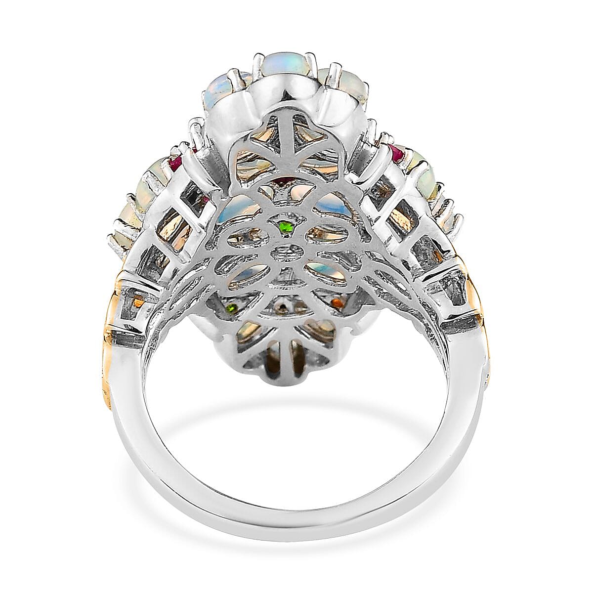 Premium Ethiopian Welo Opal and Multi Gemstone Floral Ring in Vermeil YG and Platinum Over Sterling Silver (Size 10.0) 5.35 ctw