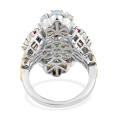 Premium Ethiopian Welo Opal and Multi Gemstone Floral Ring in Vermeil YG and Platinum Over Sterling Silver (Size 10.0) 5.35 ctw