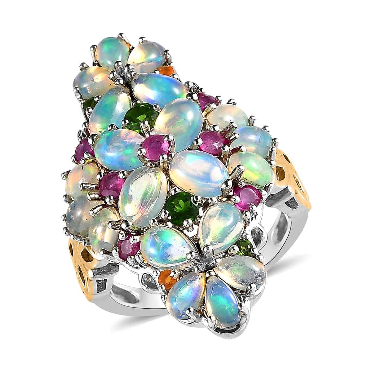 Premium Ethiopian Welo Opal and Multi Gemstone Floral Ring in Vermeil YG and Platinum Over Sterling Silver (Size 8.0) 5.35 ctw image number 0
