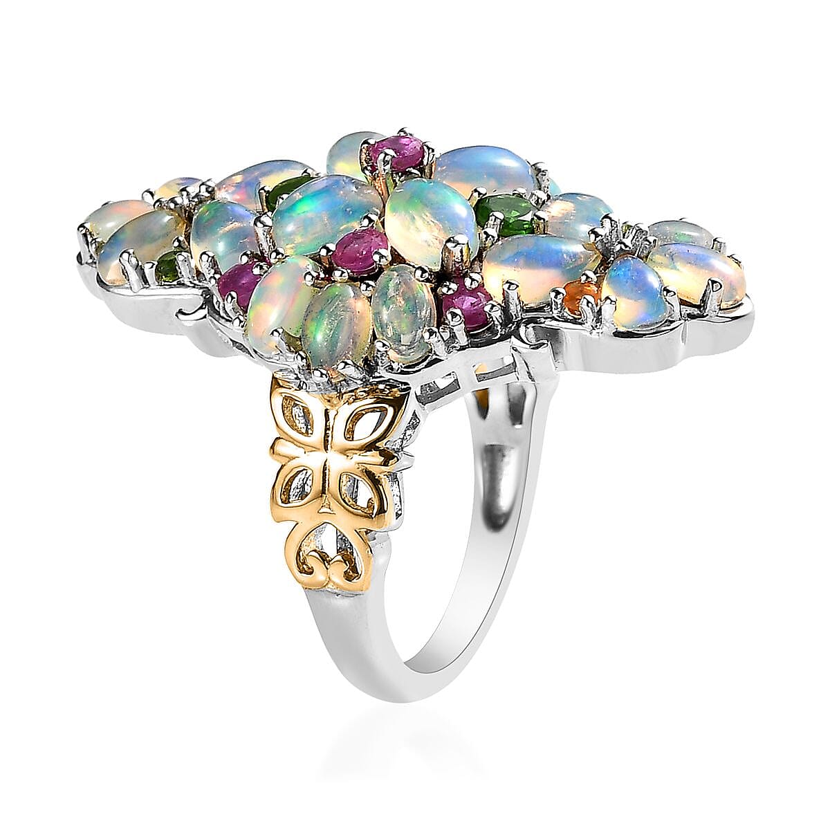 Premium Ethiopian Welo Opal and Multi Gemstone Floral Ring in Vermeil YG and Platinum Over Sterling Silver (Size 8.0) 5.35 ctw image number 3