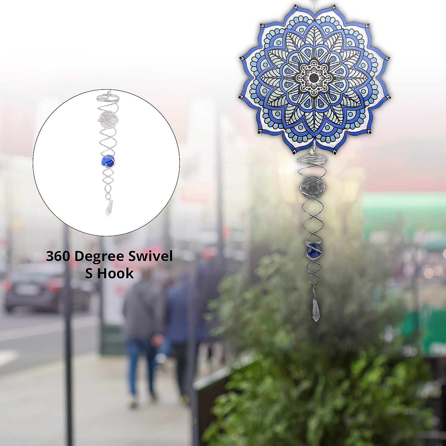 Mandala Wind Spinner with Tail in Stainless Steel - Blue