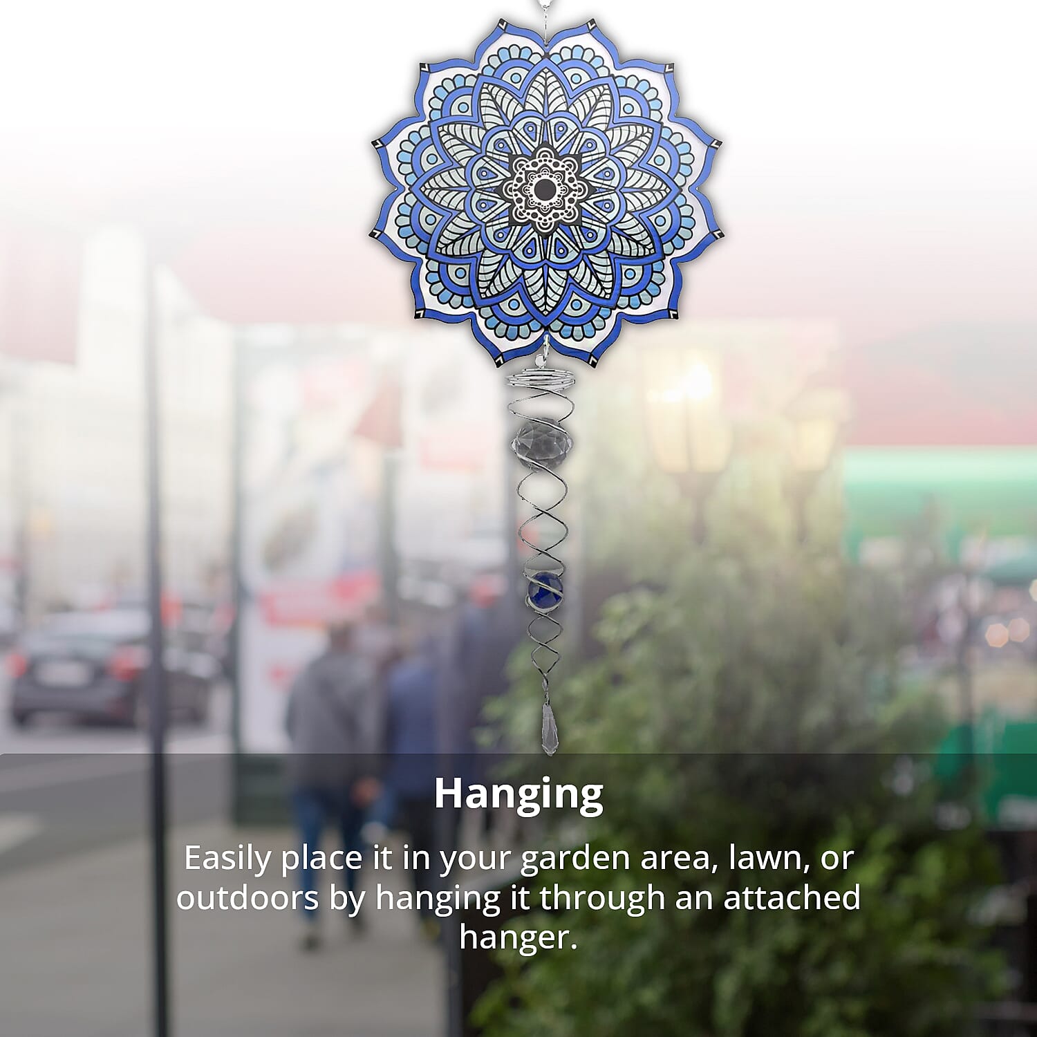 Mandala Wind Spinner with Tail in Stainless Steel - Blue