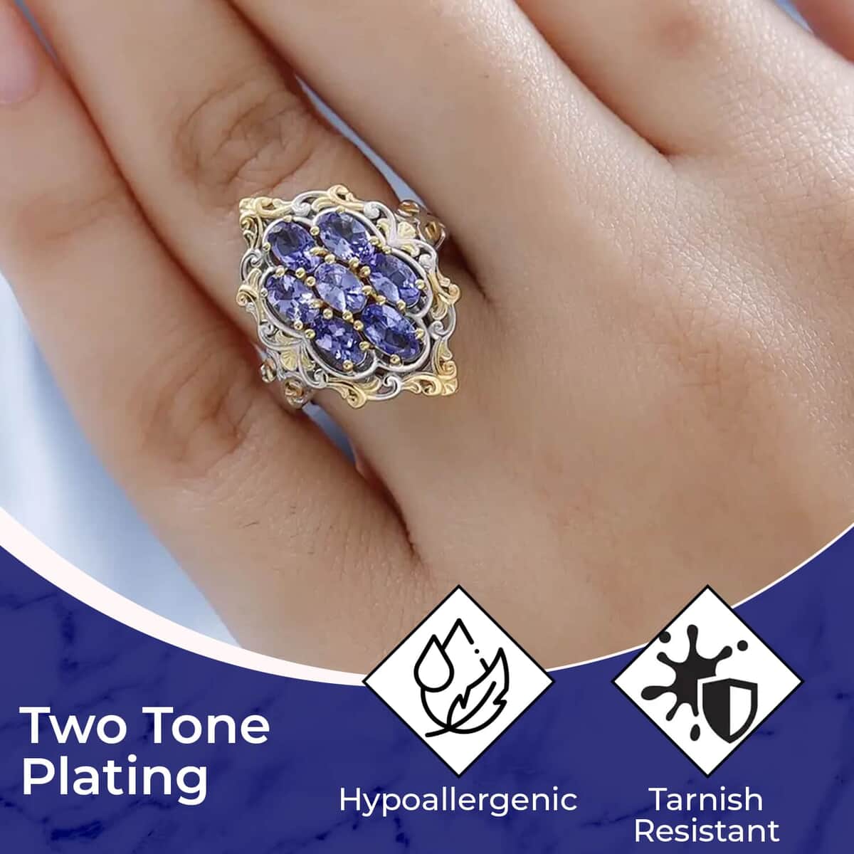 Premium Tanzanite Ring in Vermeil YG and Platinum Over Sterling Silver (Size 10.0) 1.65 ctw image number 2