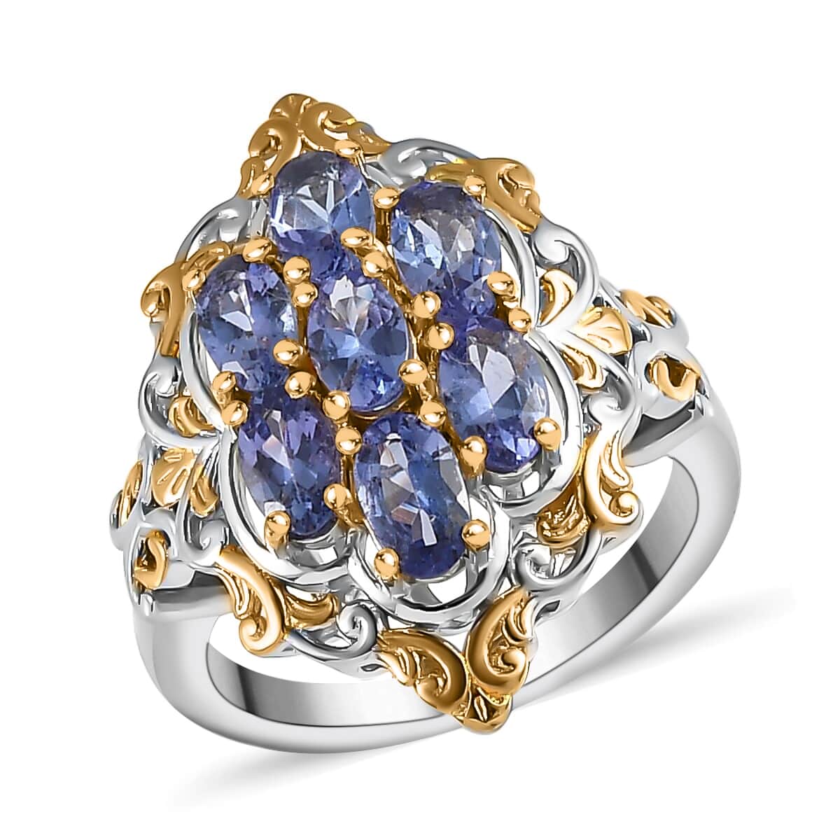 Premium Tanzanite Ring ,Tanzanite Cluster Ring ,Vermeil YG and Platinum Over Sterling Silver Ring , Rings For Her , Floral Cluster Ring 1.65 ctw image number 0