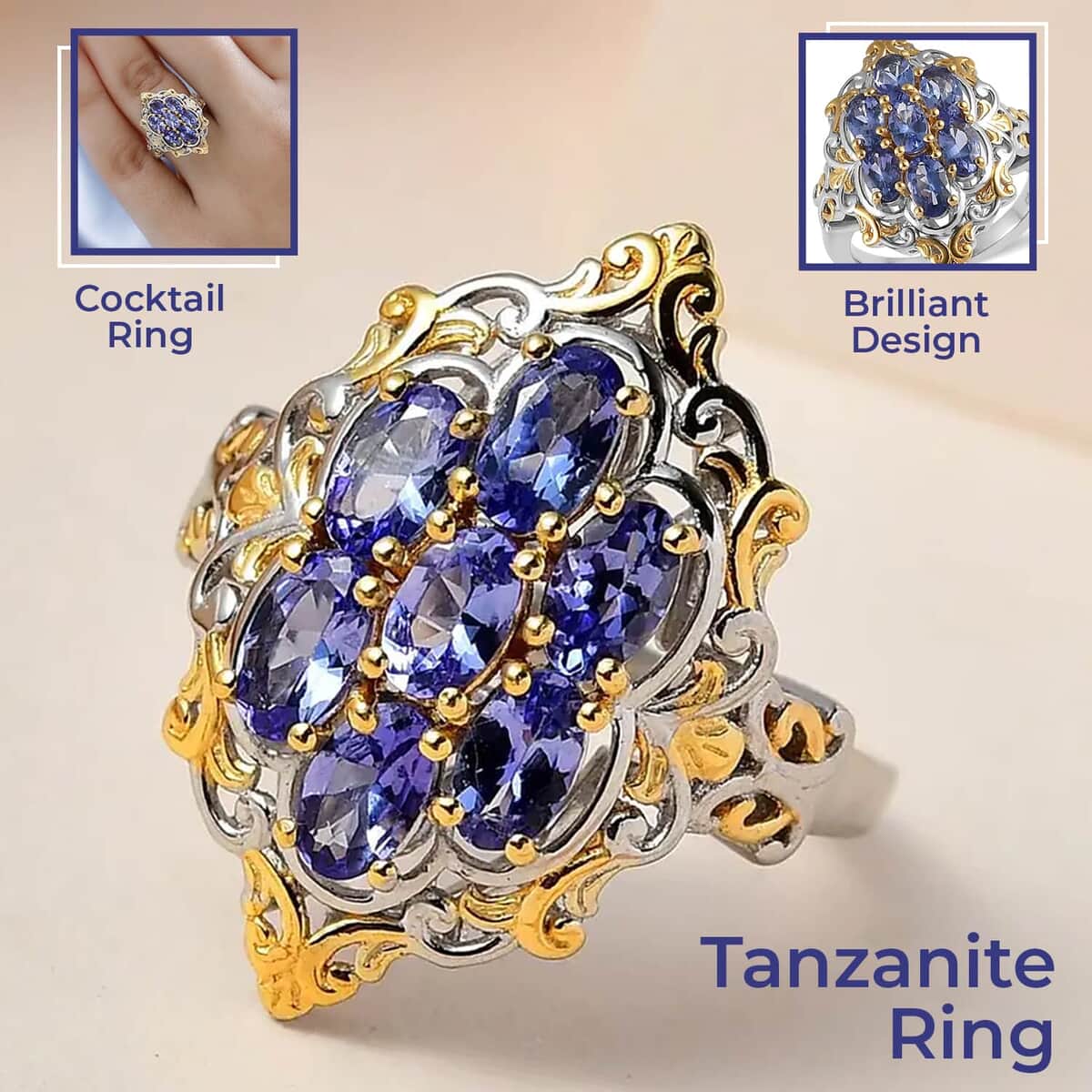 Premium Tanzanite Ring ,Tanzanite Cluster Ring ,Vermeil YG and Platinum Over Sterling Silver Ring , Rings For Her , Floral Cluster Ring 1.65 ctw image number 1
