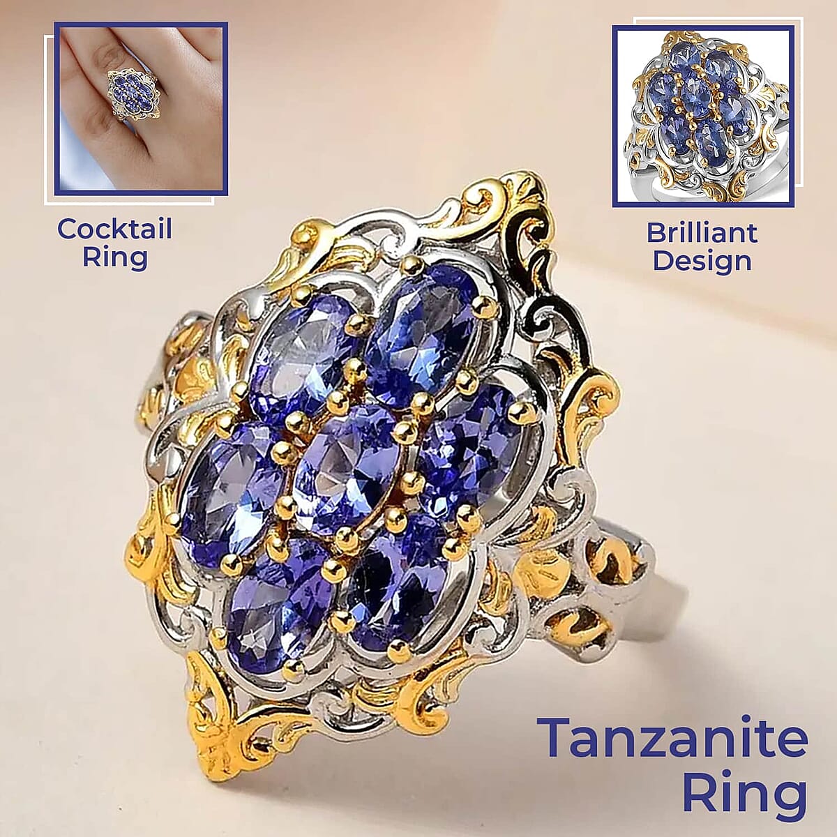 Premium Tanzanite 1.65 ctw Ring ,Tanzanite Cluster Ring ,Vermeil YG and Platinum Over Sterling Silver Ring , Rings For Her , Floral Cluster Ring (Size 7.00) image number 1