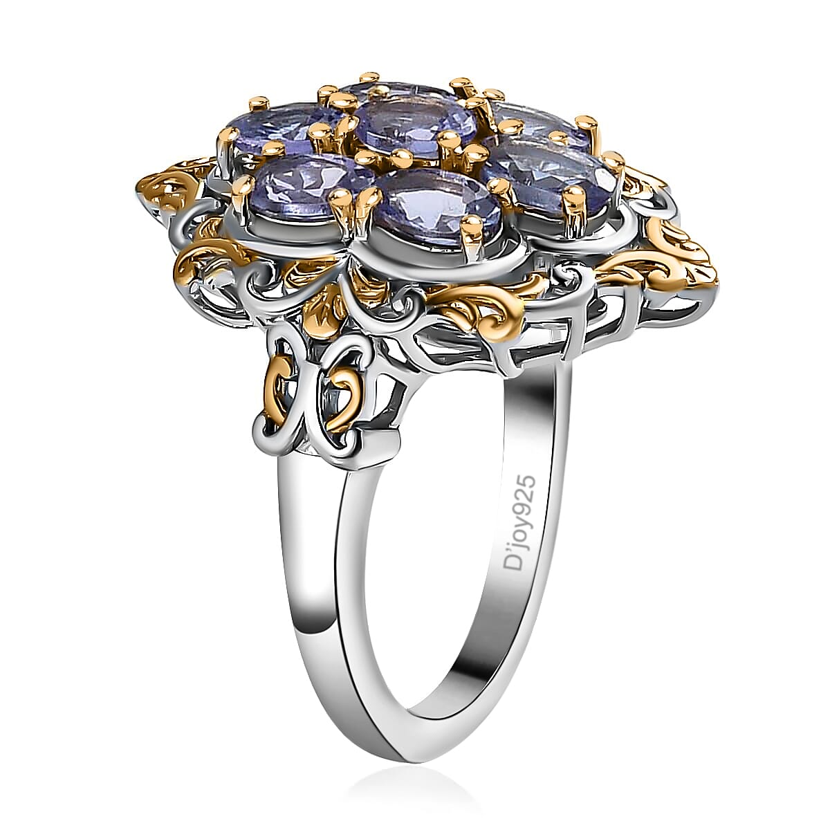 Premium Tanzanite 1.65 ctw Ring ,Tanzanite Cluster Ring ,Vermeil YG and Platinum Over Sterling Silver Ring , Rings For Her , Floral Cluster Ring (Size 8.00) image number 6
