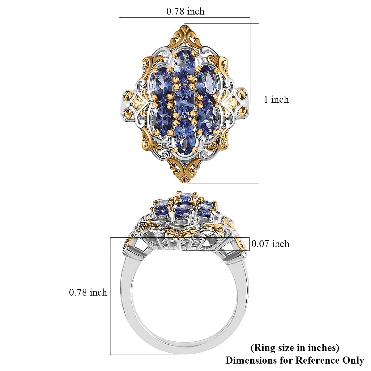 Premium Tanzanite 1.65 ctw Ring ,Tanzanite Cluster Ring ,Vermeil YG and Platinum Over Sterling Silver Ring , Rings For Her , Floral Cluster Ring (Size 8.00) image number 8