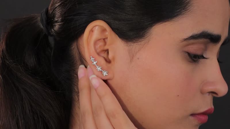 White Zircon Floral Climber Earrings in Platinum Over Sterling Silver 0.15 ctw
