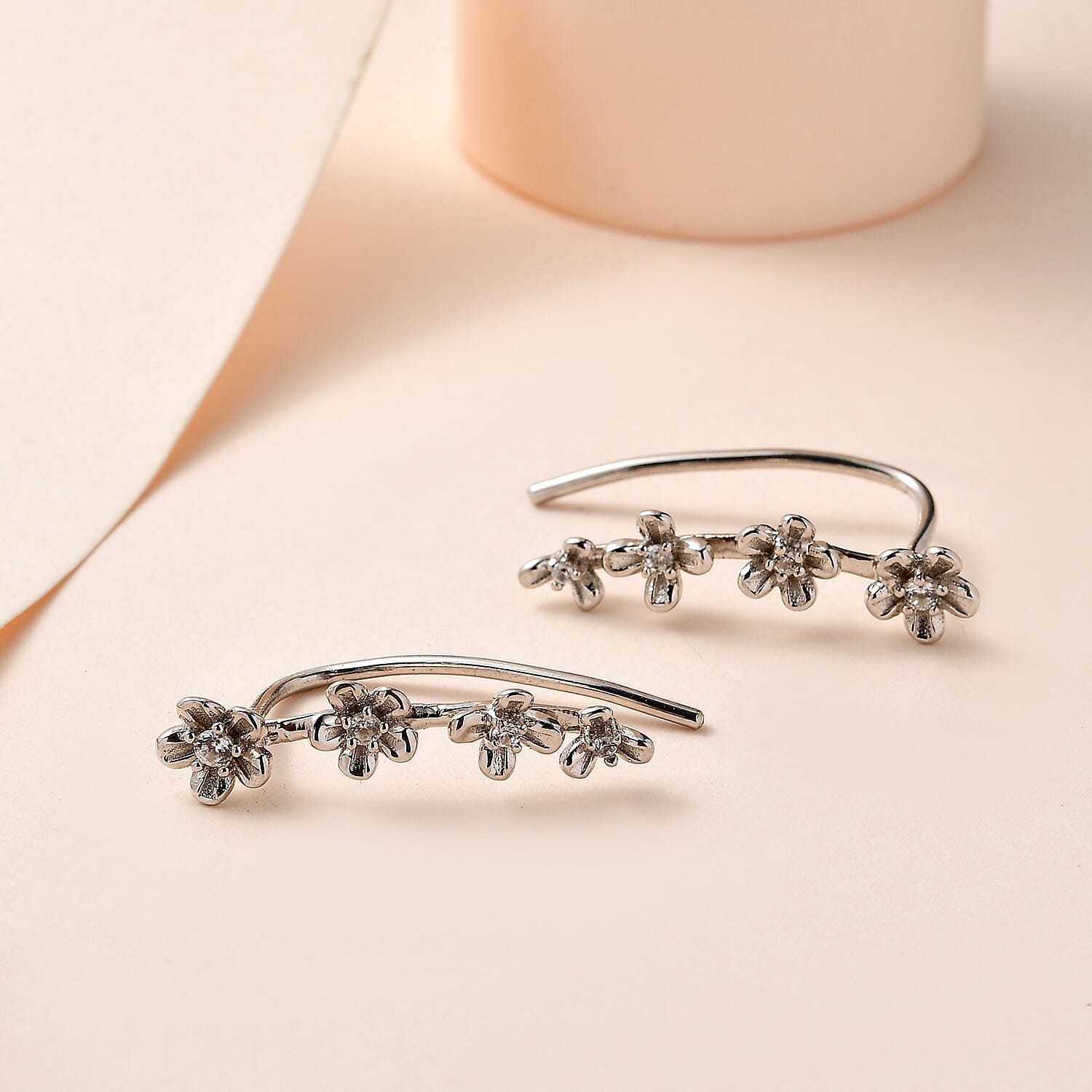 White Zircon Floral Climber Earrings in Platinum Over Sterling Silver 0.15 ctw