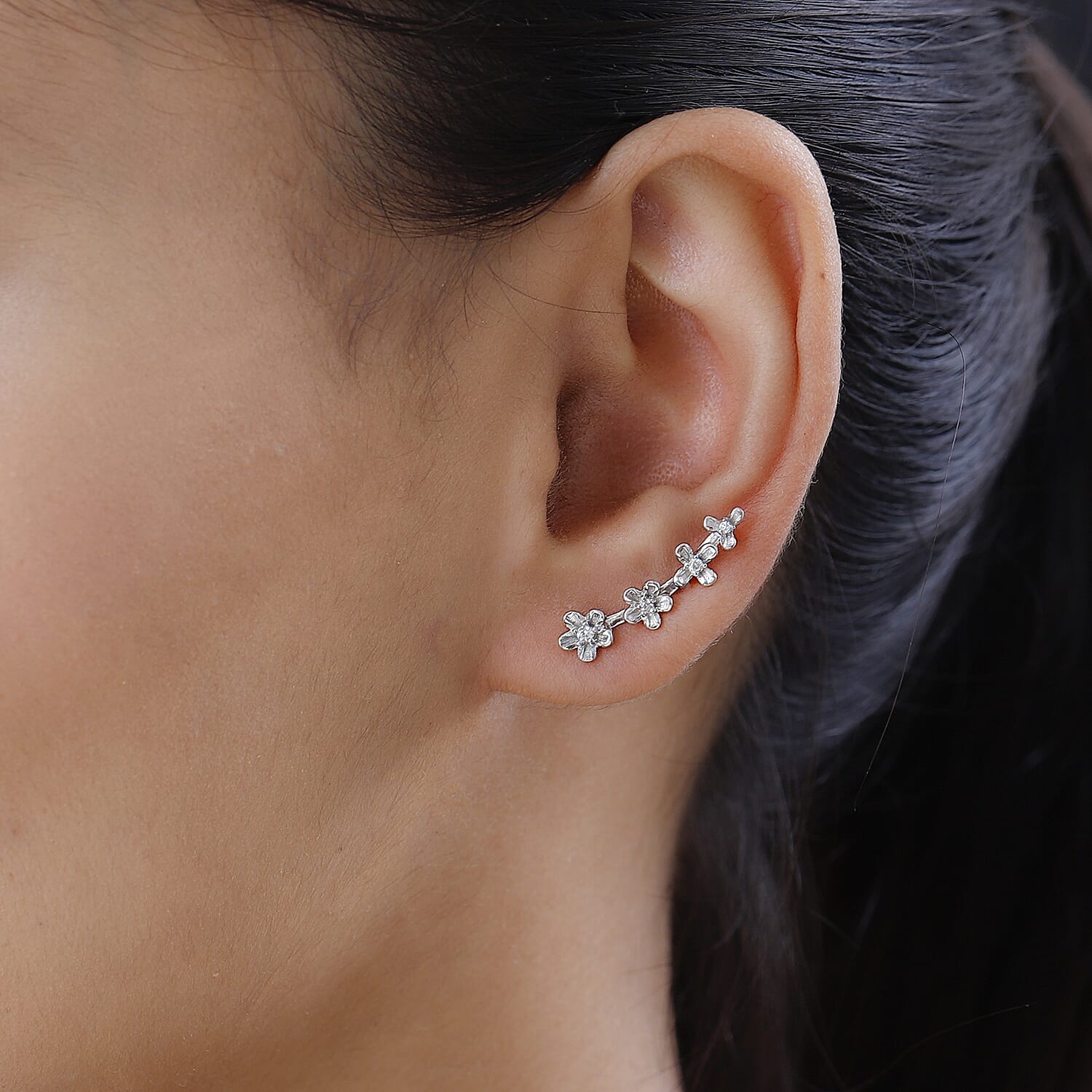 White Zircon Floral Climber Earrings in Platinum Over Sterling Silver 0.15 ctw