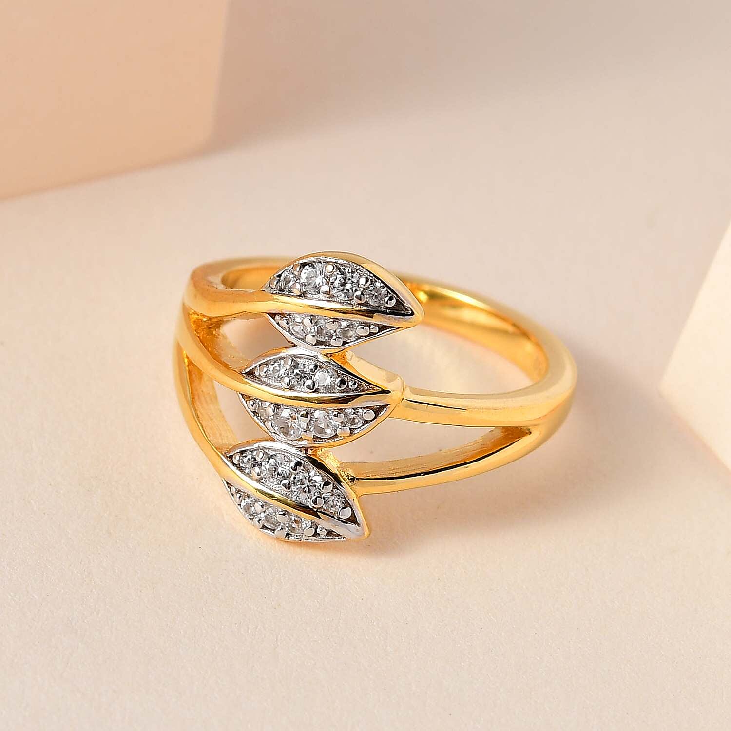 White Zircon Multi Row Leaf Ring in Vermeil Yellow Gold Over Sterling Silver (Size 6.0) 0.25 ctw