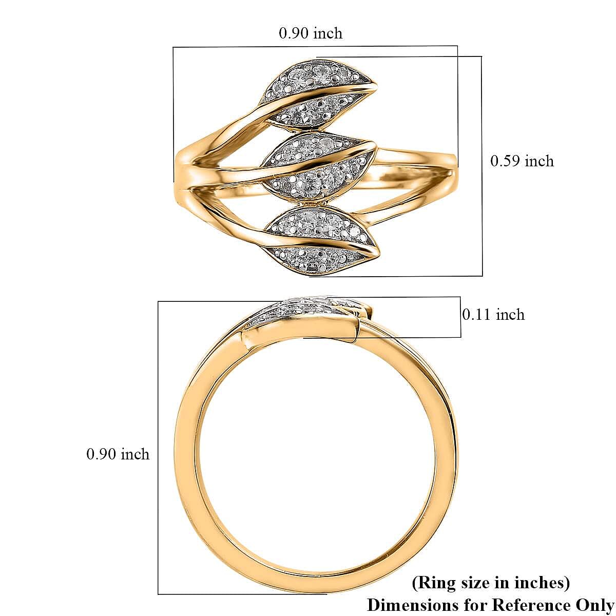 White Zircon Multi Row Leaf Ring in Vermeil Yellow Gold Over Sterling Silver (Size 6.0) 0.25 ctw