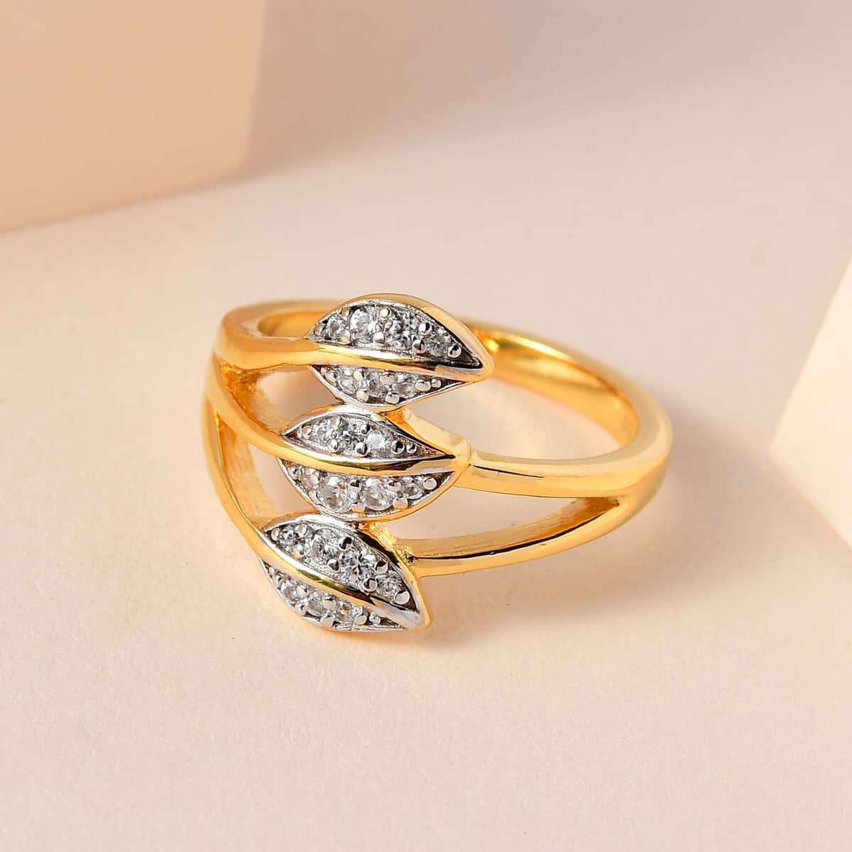 White Zircon Multi Row Leaf Ring in Vermeil Yellow Gold Over Sterling Silver (Size 8.0) 0.25 ctw image number 1