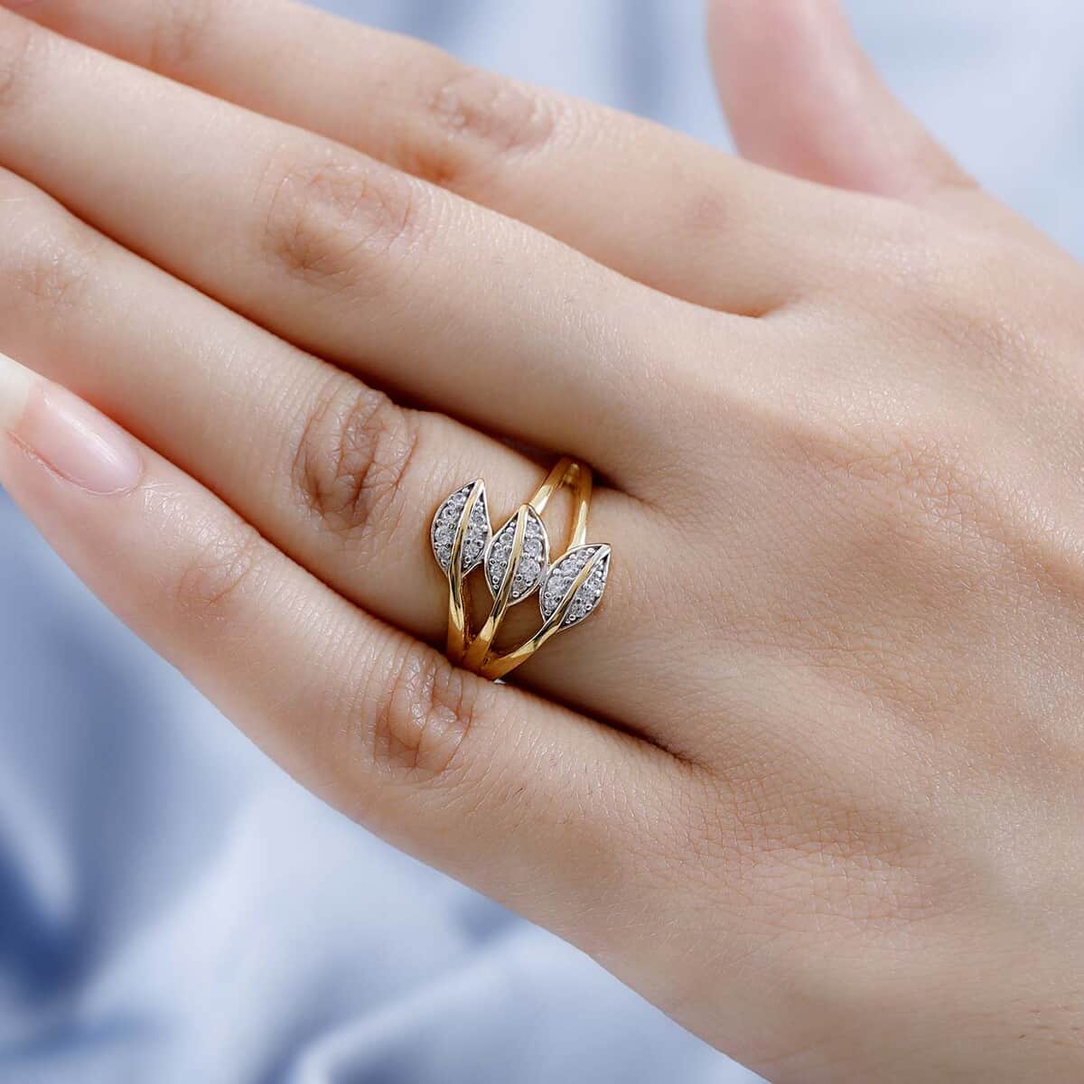 White Zircon Multi Row Leaf Ring in Vermeil Yellow Gold Over Sterling Silver (Size 8.0) 0.25 ctw image number 2