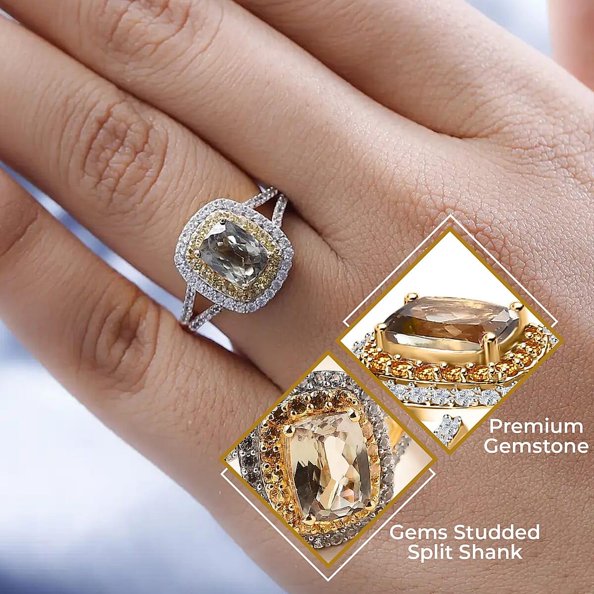 Premium Turkizite Ring , Multi Gemstone Ring , Turkizite Halo Ring , Split Shank Ring , Vermeil Yellow Gold Over Sterling Silver Ring 2.85 ctw image number 2