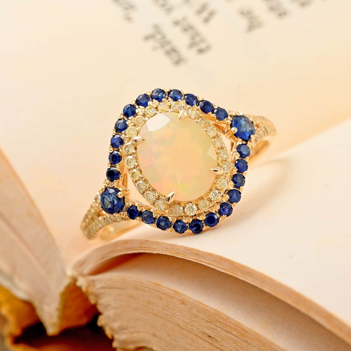 Modani 14K Yellow Gold Ethiopian Welo Opal, Blue Sapphire, Natural Yellow Diamond SI Ring 1.70 ctw image number 1