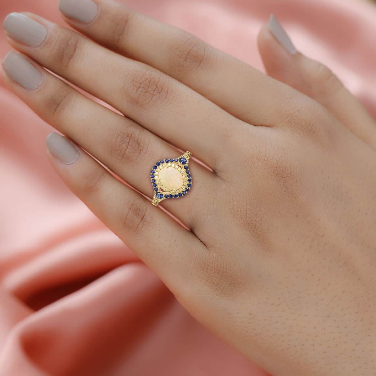 Modani 14K Yellow Gold Ethiopian Welo Opal, Blue Sapphire, Natural Yellow Diamond SI Ring 1.70 ctw image number 2