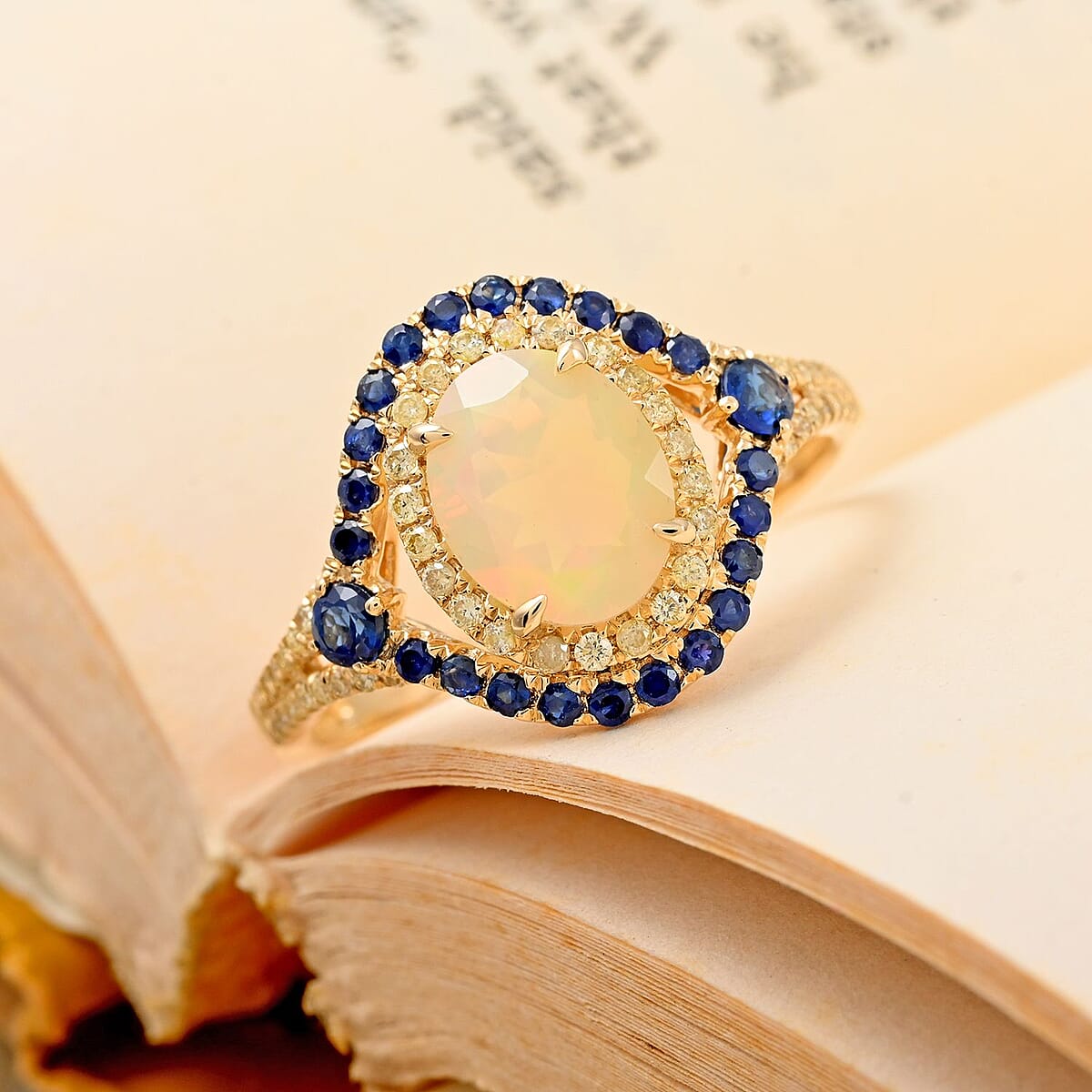 Ankur Treasure Chest Modani 14K Yellow Gold Ethiopian Welo Opal, Blue Sapphire, Natural Yellow Diamond SI Ring, Promise Rings (Size 6.0) 1.70 ctw image number 1