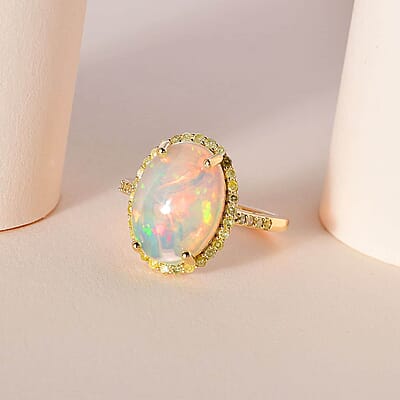 Luxoro AAA Ethiopian Welo Opal and I3 Natural Yellow Diamond 3.65 ctw Halo Ring in 10K Yellow Gold (Size 10.0) 