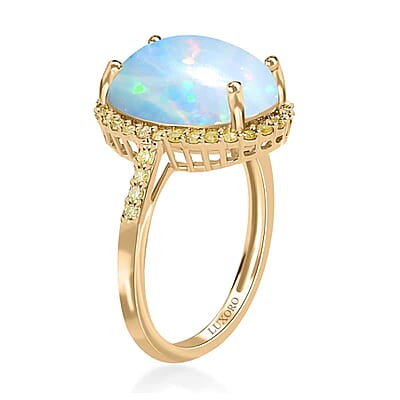 Luxoro AAA Ethiopian Welo Opal and I3 Natural Yellow Diamond 3.65 ctw Halo Ring in 10K Yellow Gold (Size 10.0) 
