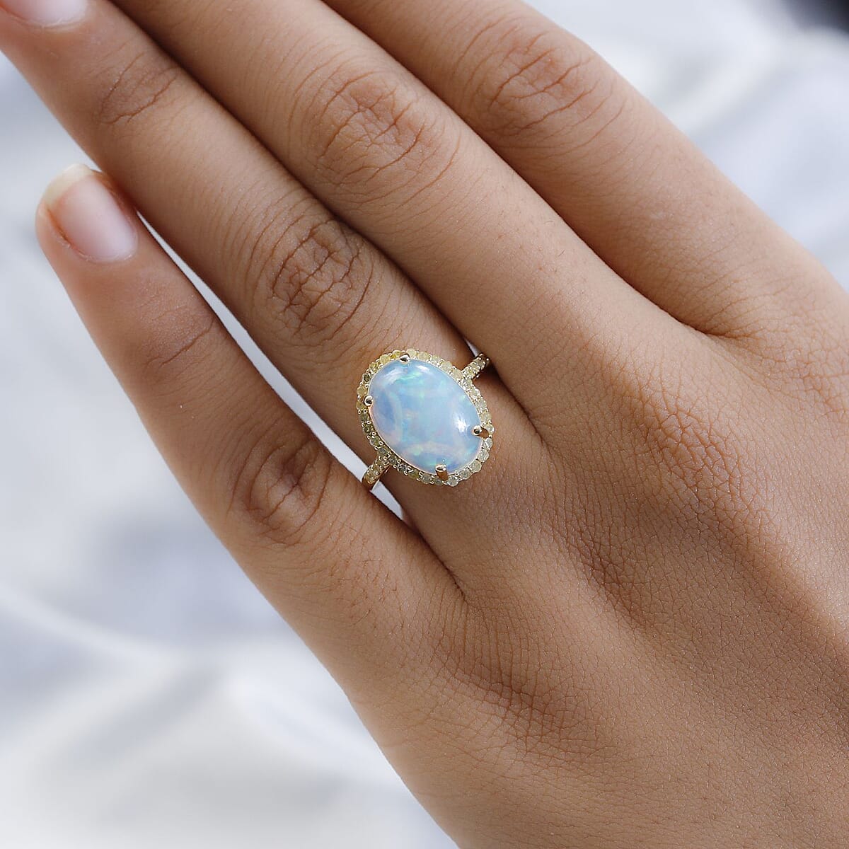 Luxoro AAA Ethiopian Welo Opal and I3 Natural Yellow Diamond 3.65 ctw Halo Ring in 10K Yellow Gold (Size 6.0)  image number 2
