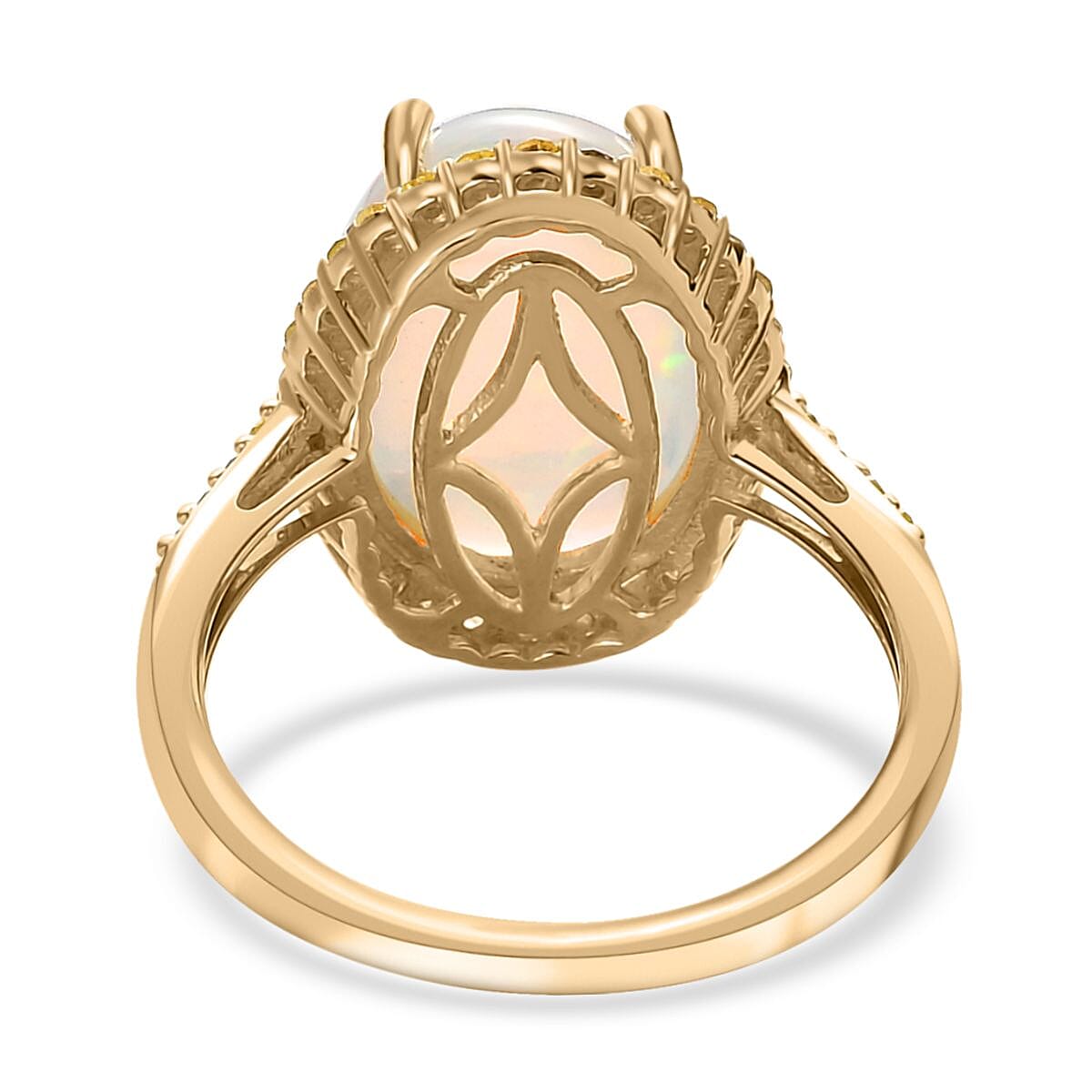 Luxoro AAA Ethiopian Welo Opal and I3 Natural Yellow Diamond 3.65 ctw Halo Ring in 10K Yellow Gold (Size 6.0)  image number 4