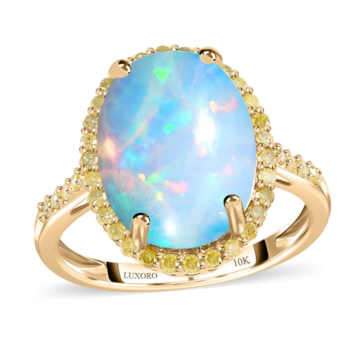Luxoro 10K Yellow Gold AAA Ethiopian Welo Opal and I3 Natural Yellow Diamond Halo Ring (Size 7.0) 3.65 ctw image number 0