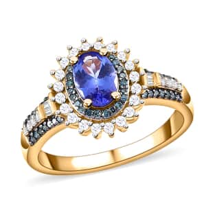 AAA Tanzanite Ring, Blue and White Diamond Accent Ring, Tanzanite Sunburst Ring, Sunburst Halo Ring, Vermeil Yellow Gold Over Sterling Silver Ring 1.20 ctw (Size 10.0)