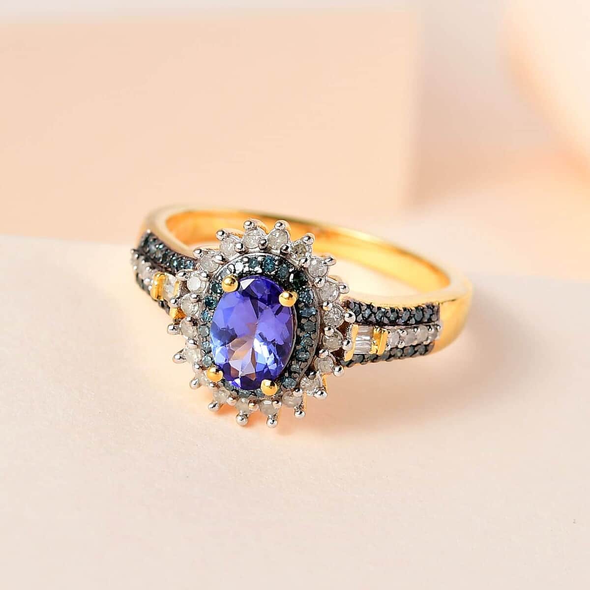 AAA Tanzanite, Blue and White Diamond Sunburst Ring in Vermeil Yellow Gold Over Sterling Silver (Size 10.0) 1.20 ctw image number 1