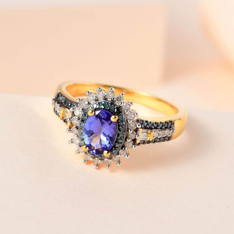 AAA Tanzanite Ring, Blue and White Diamond Accent Ring, Tanzanite Sunburst Ring, Sunburst Halo Ring, Vermeil Yellow Gold Over Sterling Silver Ring 1.20 ctw