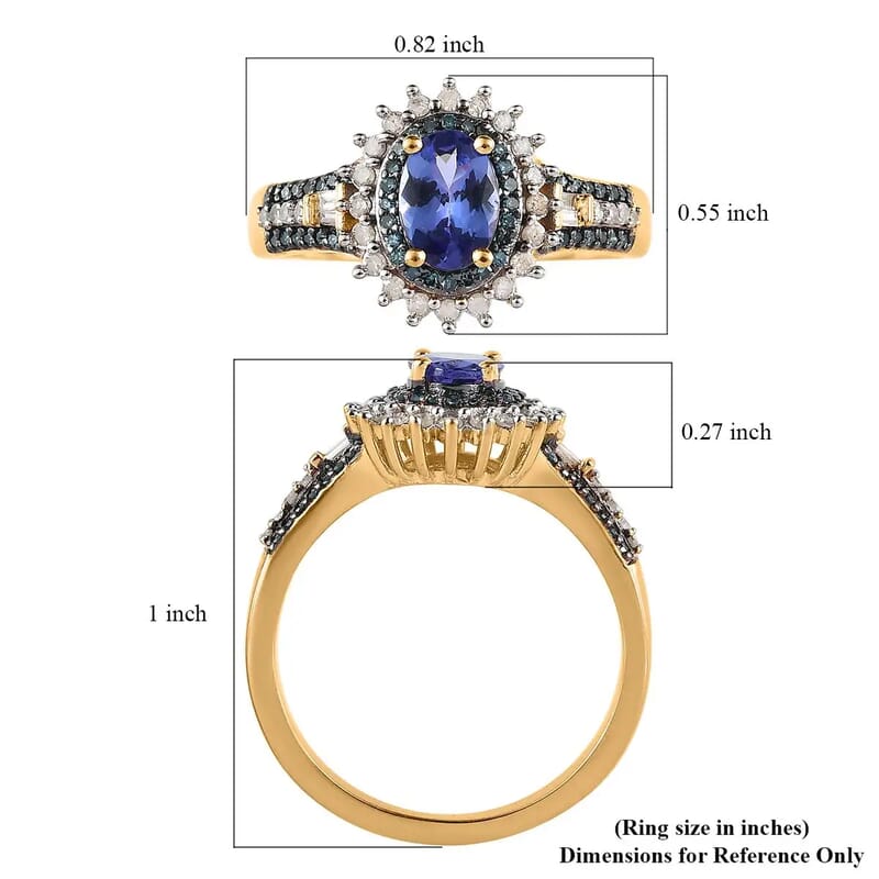AAA Tanzanite Ring, Blue and White Diamond Accent Ring, Tanzanite Sunburst Ring, Sunburst Halo Ring, Vermeil Yellow Gold Over Sterling Silver Ring 1.20 ctw