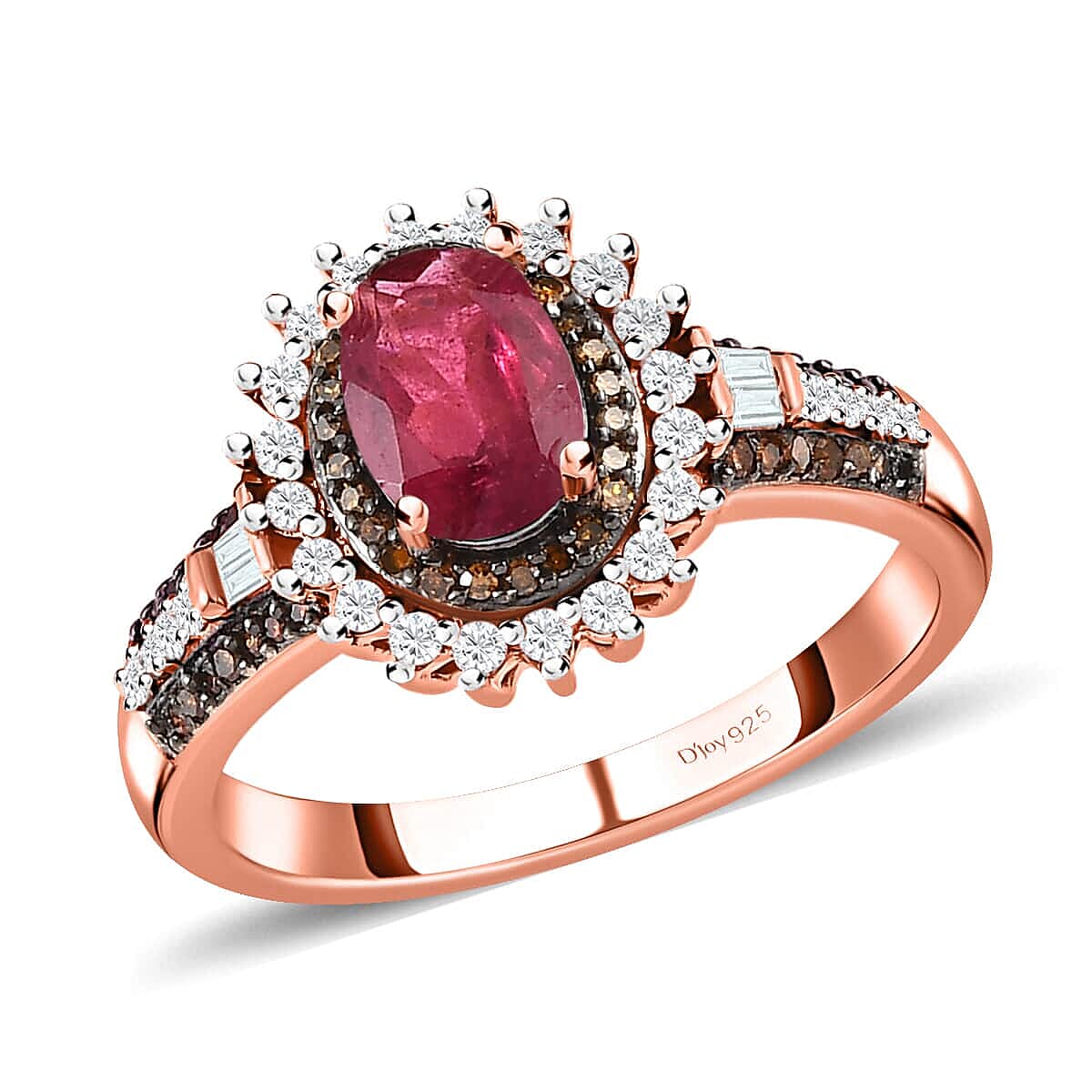 AAA Ouro Fino Rubellite, Red and White Diamond Sunburst Ring in Vermeil Rose Gold Over Sterling Silver (Size 6.0) 1.15 ctw image number 0