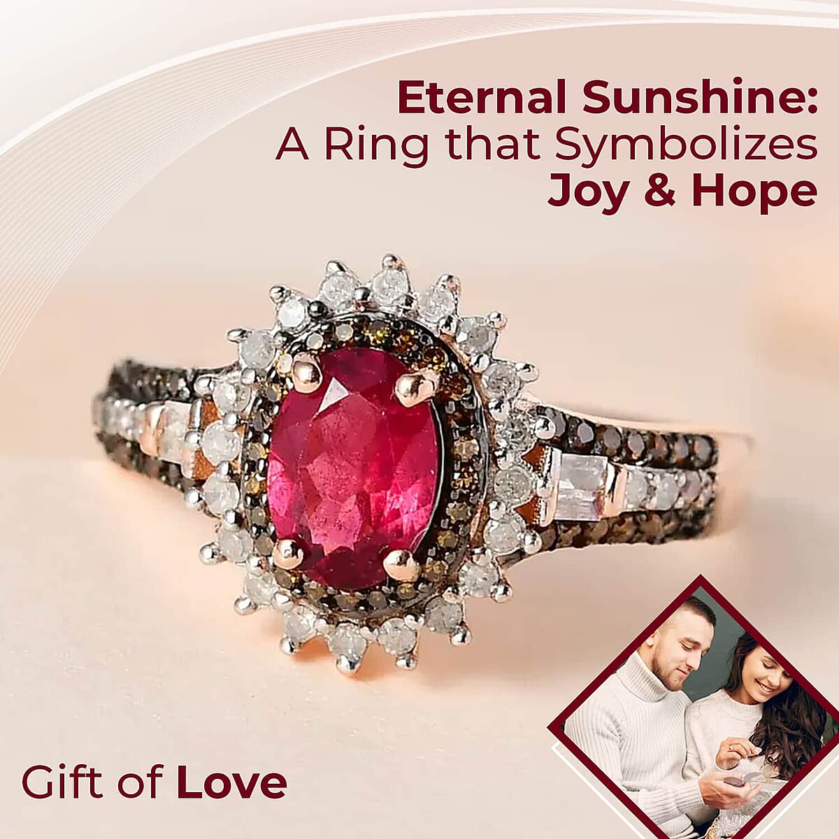 AAA Ouro Fino Rubellite, Red and White Diamond Sunburst Ring in Vermeil Rose Gold Over Sterling Silver (Size 6.0) 1.15 ctw image number 1