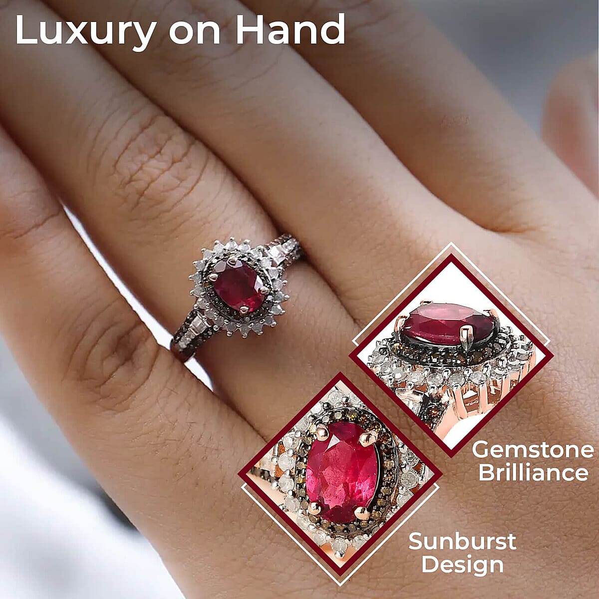 AAA Ouro Fino Rubellite, Red and White Diamond Sunburst Ring in Vermeil Rose Gold Over Sterling Silver (Size 6.0) 1.15 ctw image number 2