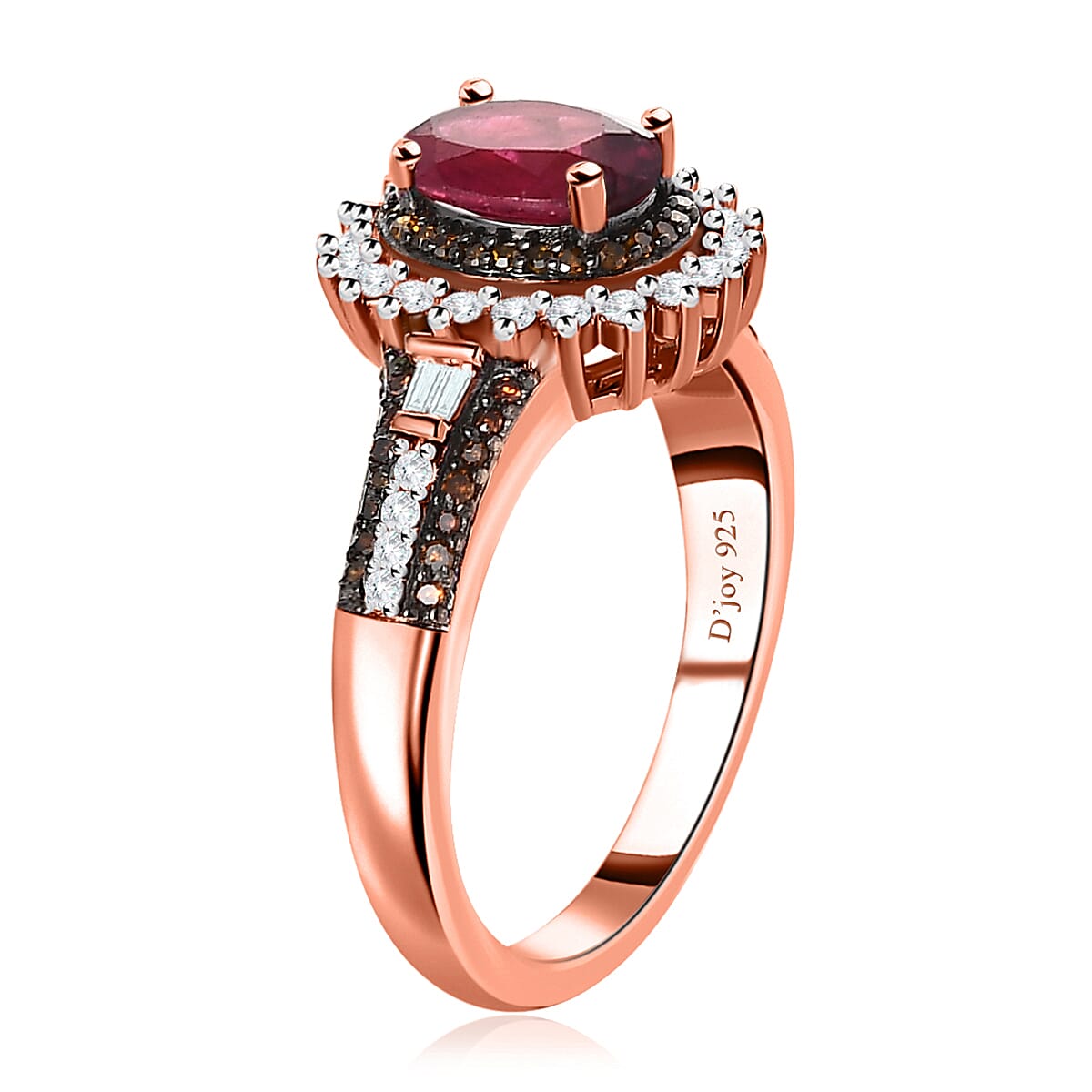 AAA Ouro Fino Rubellite, Red and White Diamond Sunburst Ring in Vermeil Rose Gold Over Sterling Silver (Size 6.0) 1.15 ctw image number 3