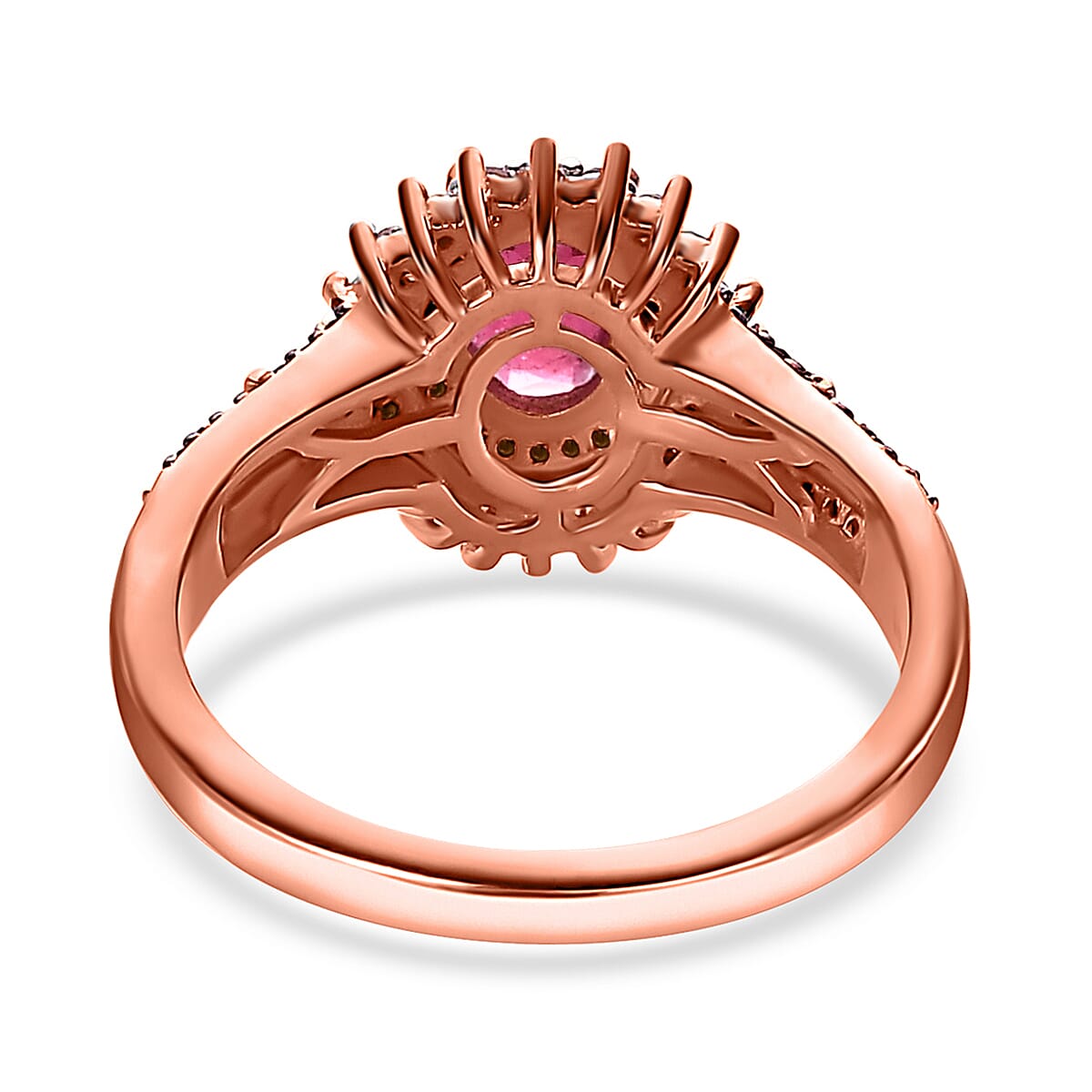 AAA Ouro Fino Rubellite, Red and White Diamond Sunburst Ring in Vermeil Rose Gold Over Sterling Silver (Size 6.0) 1.15 ctw image number 4